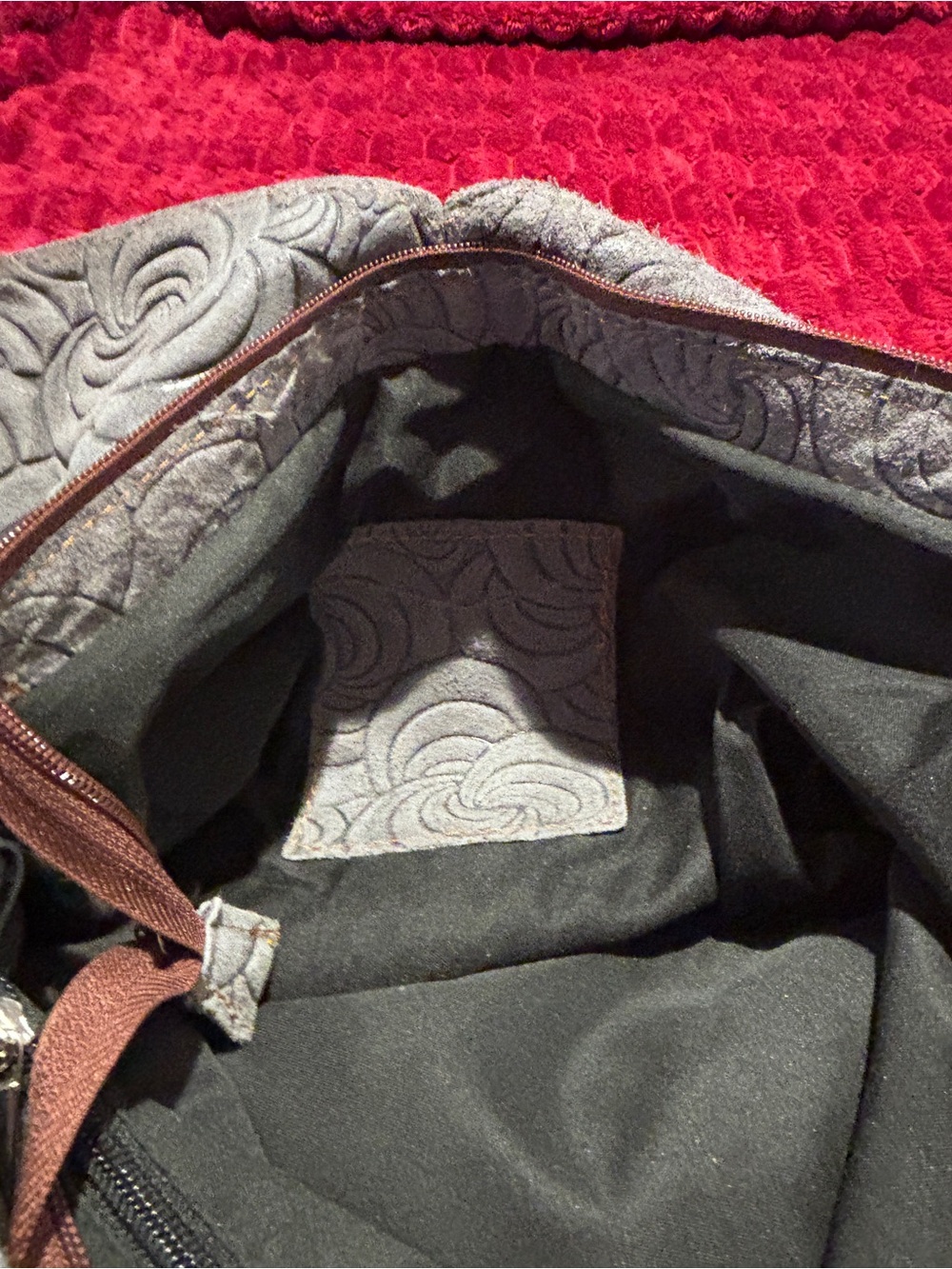Italian Leather Bag Gray Embossed Shoulder Hobo Bag with Brown Leather Swirls - Picture 8 of 13